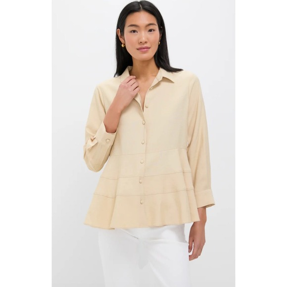 Pomander Place Tops - Pomander Place Tuckernuck Ashlen Top Womens Small Tan Preppy Peplum Quiet Luxury
